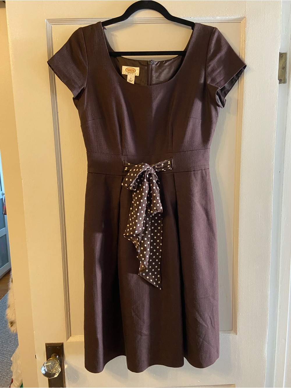 Talbots Brown Fit-and-Flare Dress with Polka Dot Bow